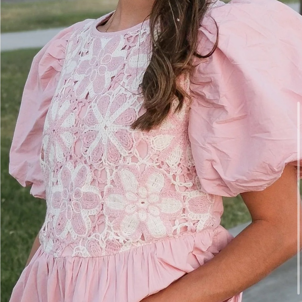 Pink Lace Puff Sleeve Dress - Noliabae